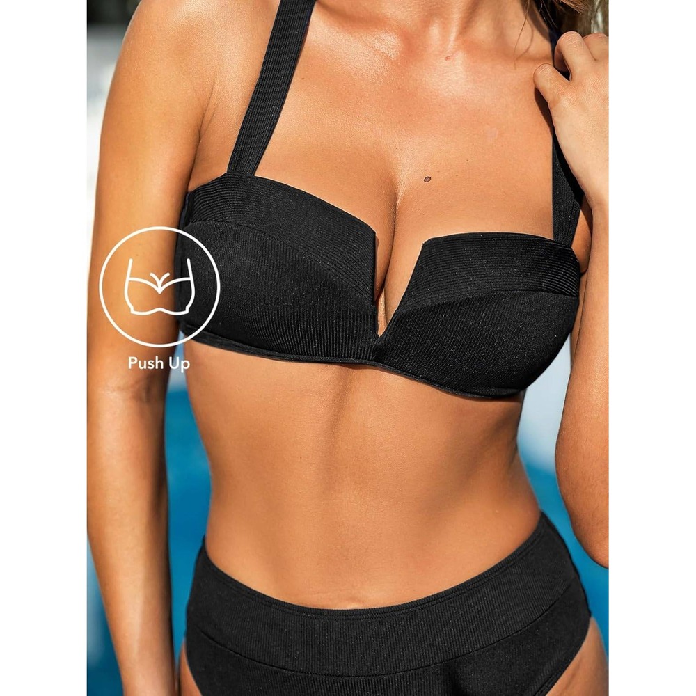 CUPSHE Bikini Swimsuit High Waist Molded Cups cross back Tie Black Size Medium - Picture 7 of 8